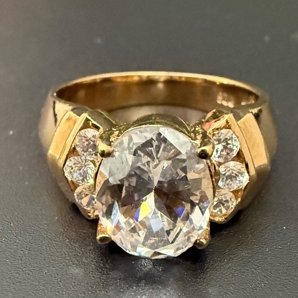 Vintage RF Peak 925 Gold Over Sterling Silver Oval CZ Solitaire Ring Size 8 8g. - Picture 1 of 16